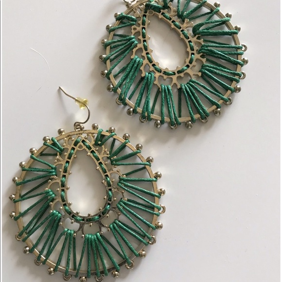 Green round thread drop earrings - Picture 3 of 7